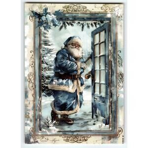 Vintage Blue Coat Santa Claus Christmas Lithograph Postcard 5.5x4 in Snow
